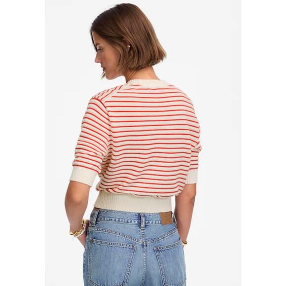 Madewell NWT Women’s Red Cream Striped Textural Stitch Cotton Sweater size XS - Picture 9 of 9